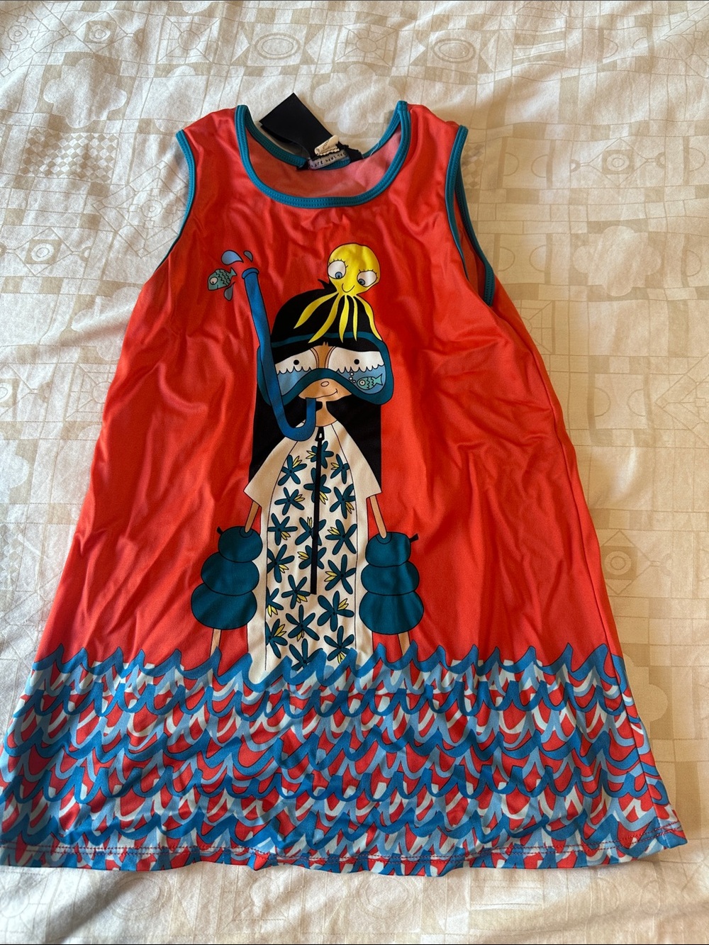 Little Marc Jacobs Red Sleeveless Ocean Character Dress with Blue Trim